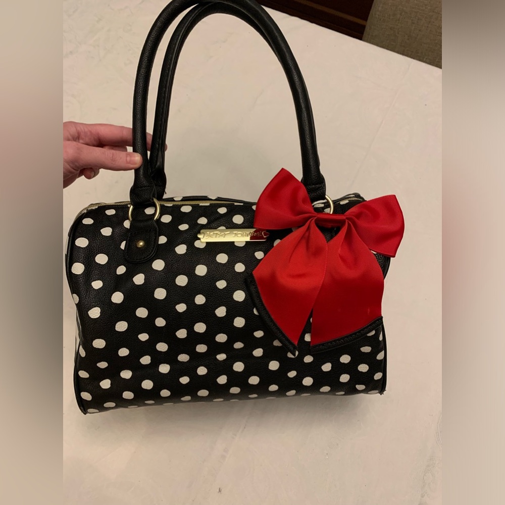 Betsey Johnson vegan leather black and white bag with red grosgrain bow